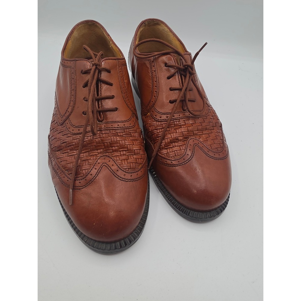 Stanley Blacker Mens 8 W Woven Leather Wingtip Oxford Shoes Tan Brown Italy